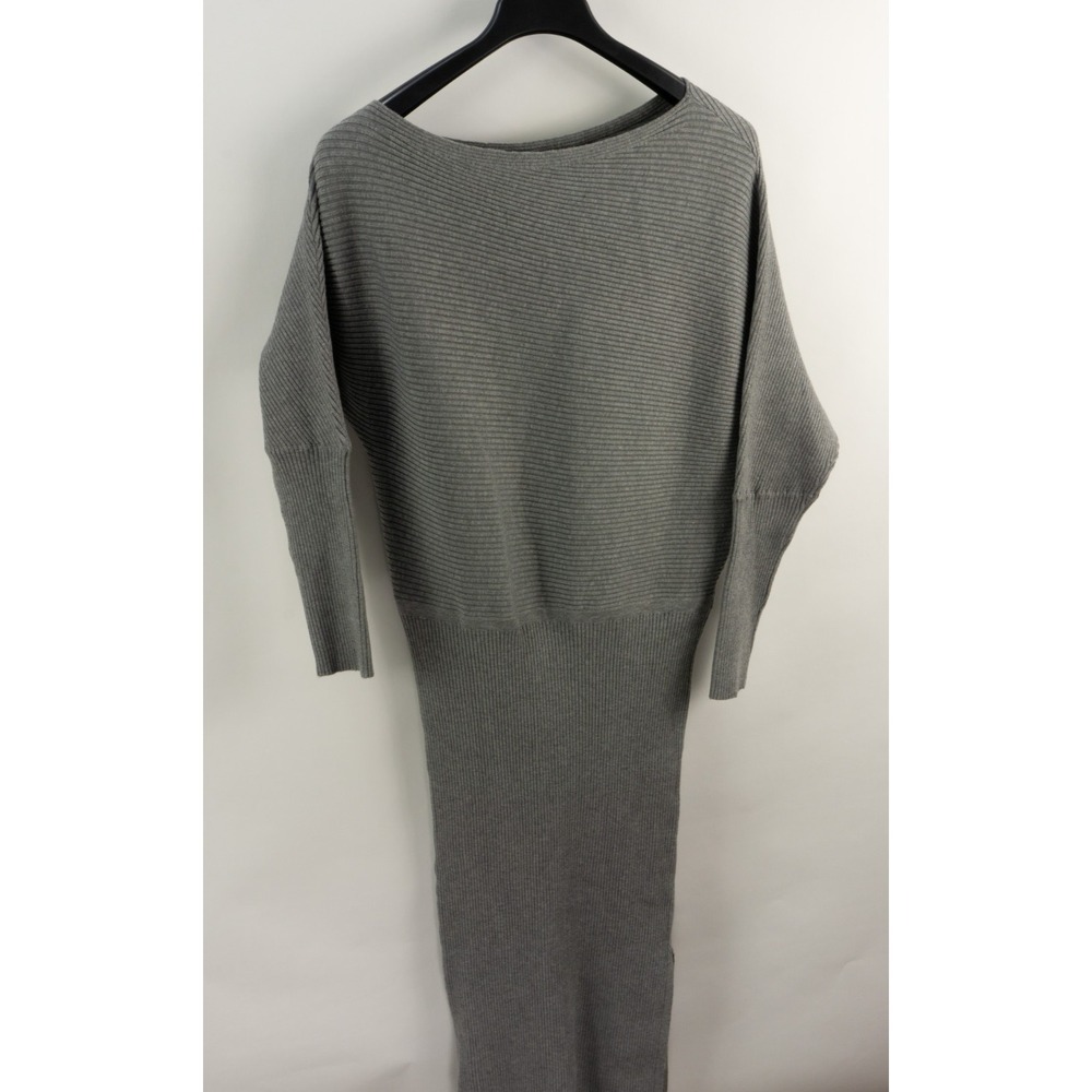 $169 Donna Karan One Shoulder Long Sleeve Knit Midi Sweater Dress Women's L Gray
